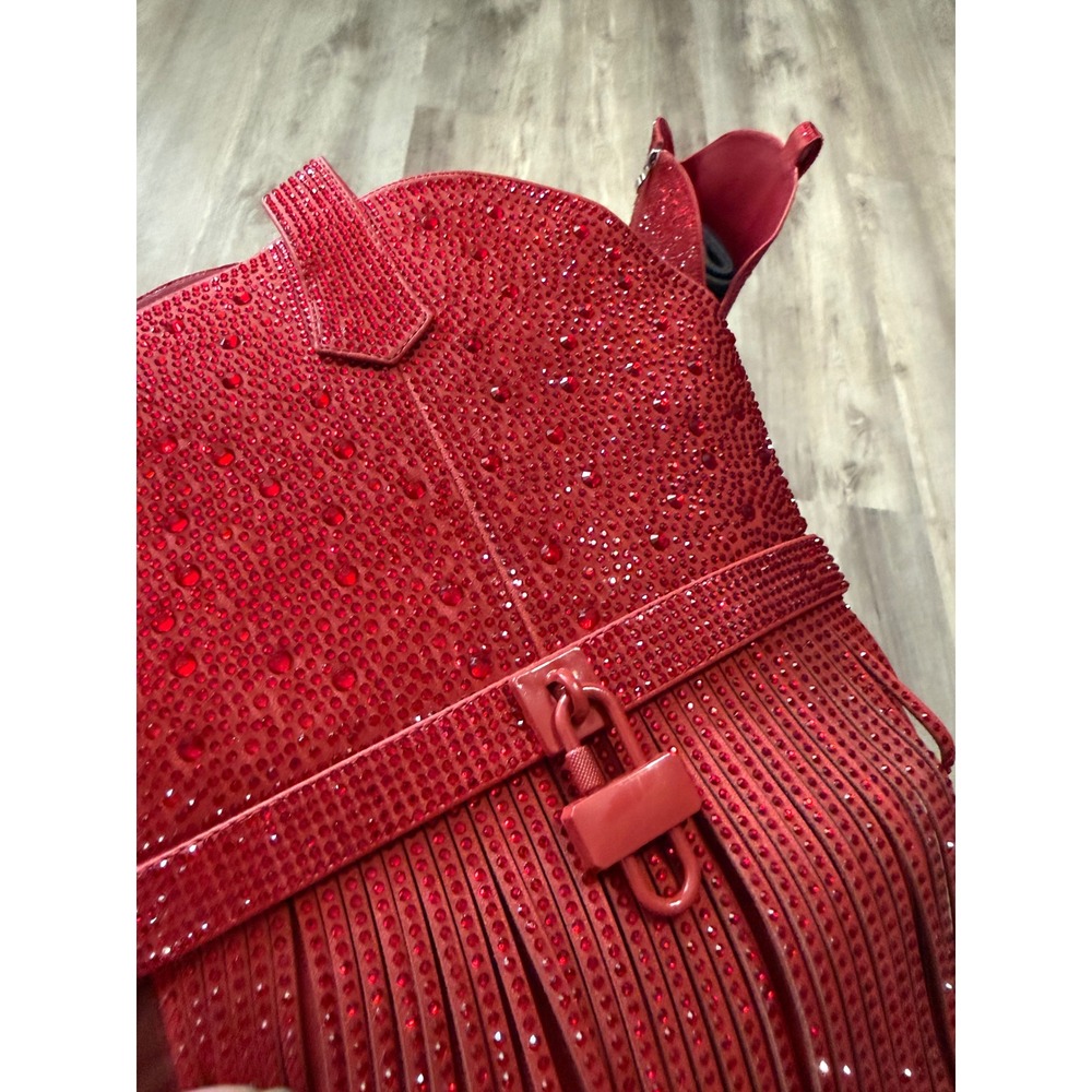 Red Rhinestone Fringe Western Cowgirl Boots Pointed Toe Block Heel Size 8 - Picture 5 of 11